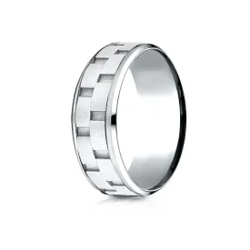 14 Karat White Gold 8mm Comfort-fit Drop Bevel Sandblasted Satin Finish Chain Link Design Band