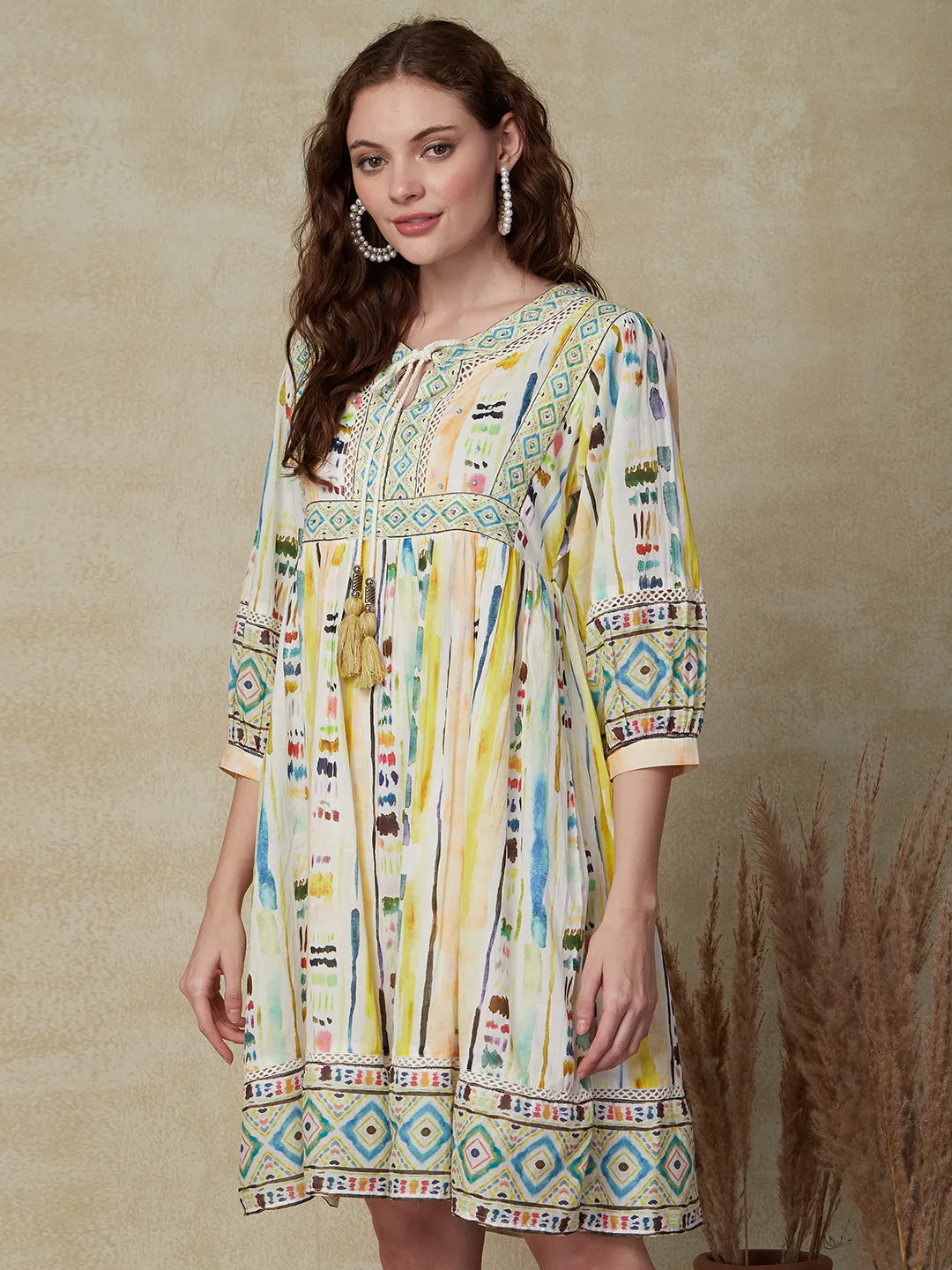 Abstract Printed Sequins & Beads Embroidered Tasseled Mul-Cotton Indo-Western Dress - Multi