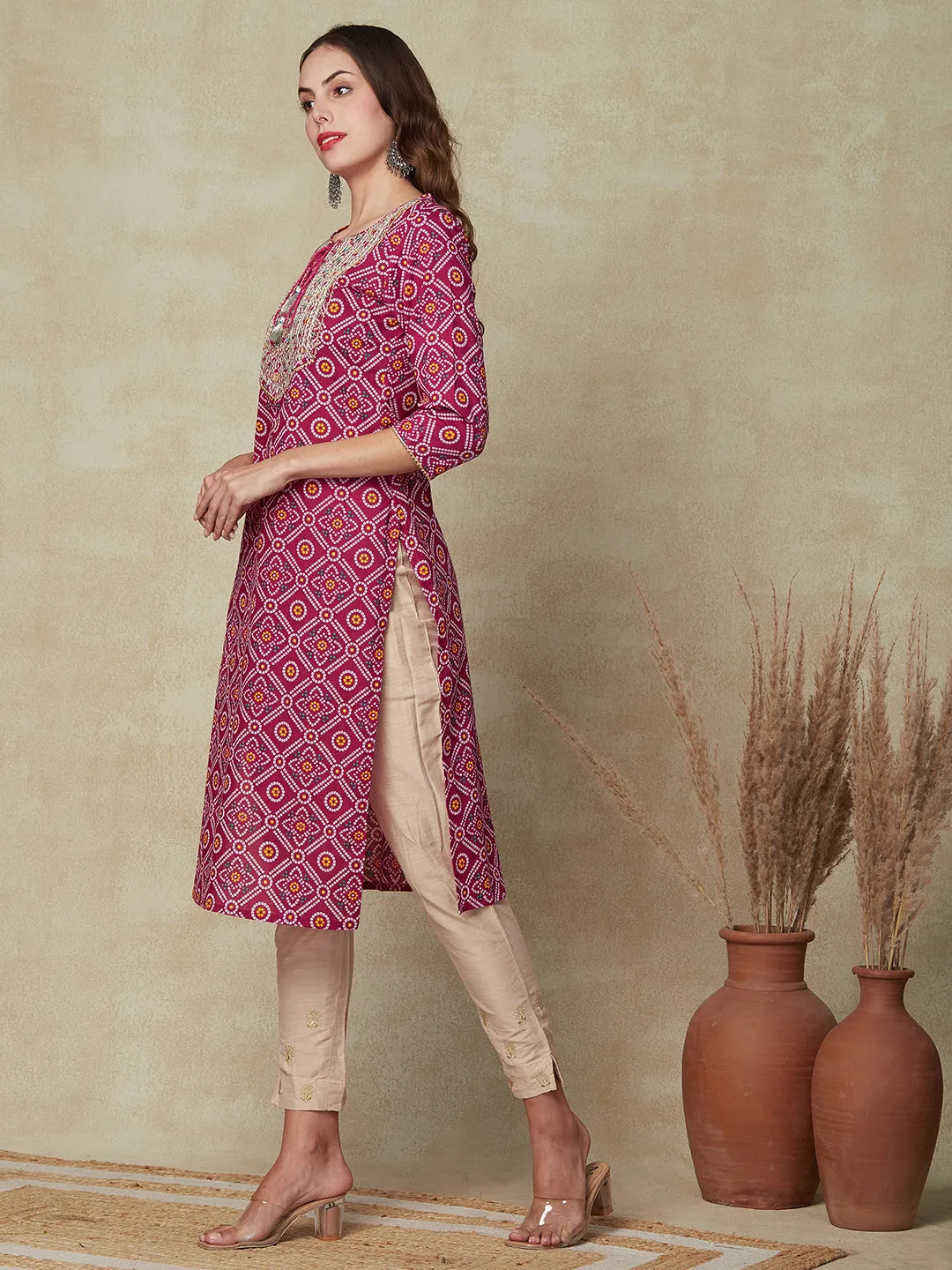 Bandhani Printed Zari Dori & Sequins Embroidered Kurta - Magenta