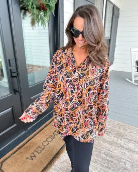 Black Collared Printed Long Sleeve Top