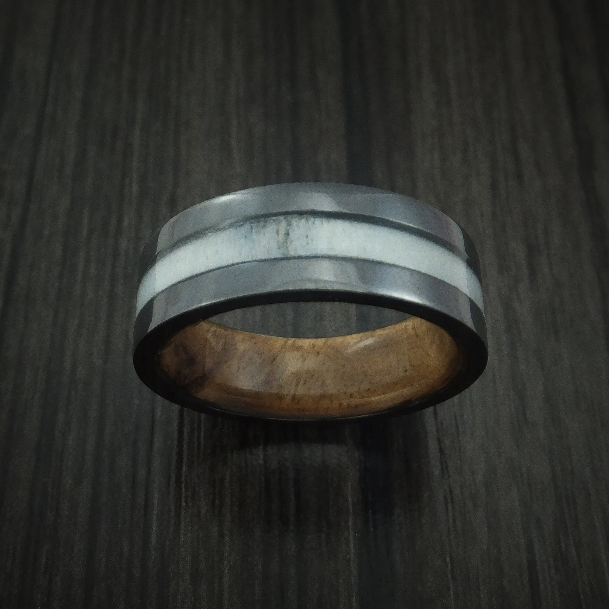 Black Zirconium and Antler Men's Ring with Wood Sleeve Custom Made Band