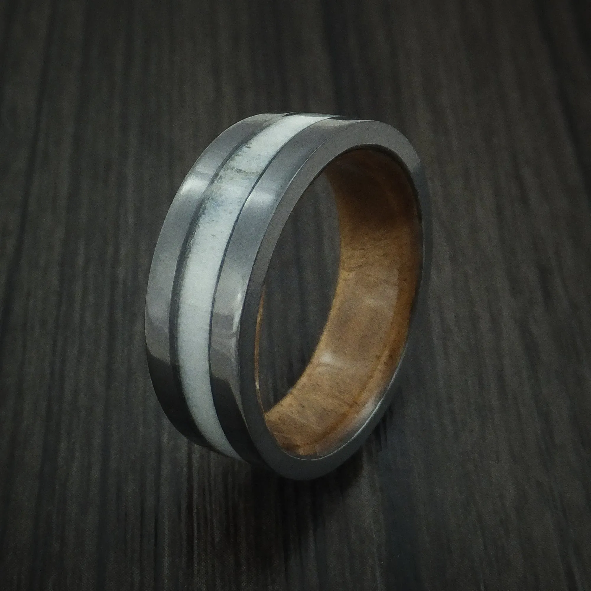 Black Zirconium and Antler Men's Ring with Wood Sleeve Custom Made Band