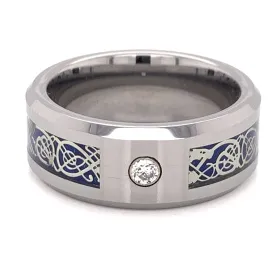 Blue Decorative Center With Clear CZ Stone Tungsten Comfort Fit Ring  / TGR1014