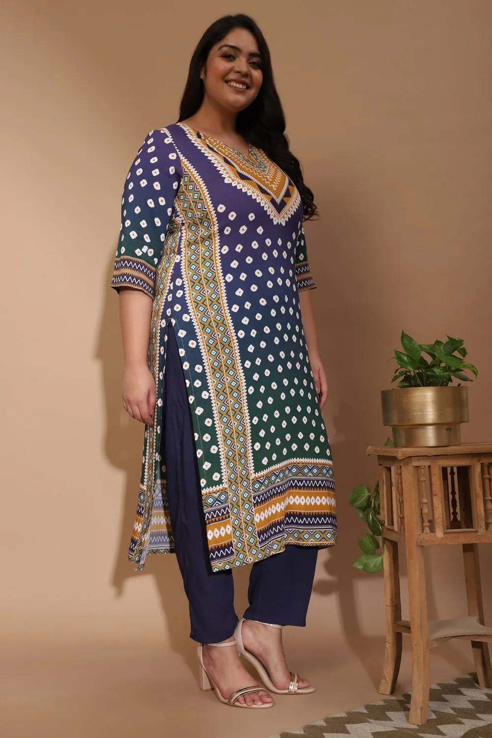 Blue Green Ombre Bandhej Kurta