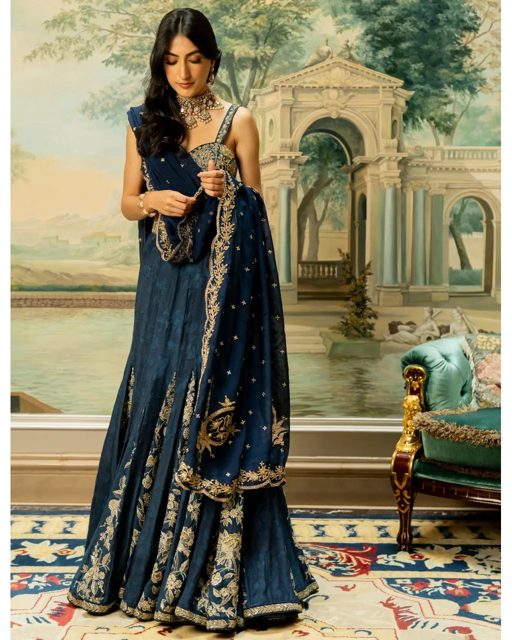 Blue Self Woven Kali Embroidered Lehenga Set