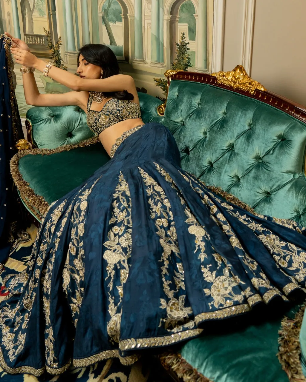 Blue Self Woven Kali Embroidered Lehenga Set