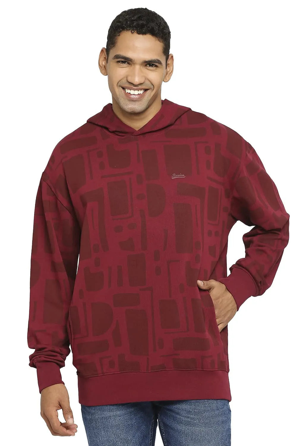 Comfort Fit Cotton Non Brushed Fleece Printed Hood Pullover Sweatshirt