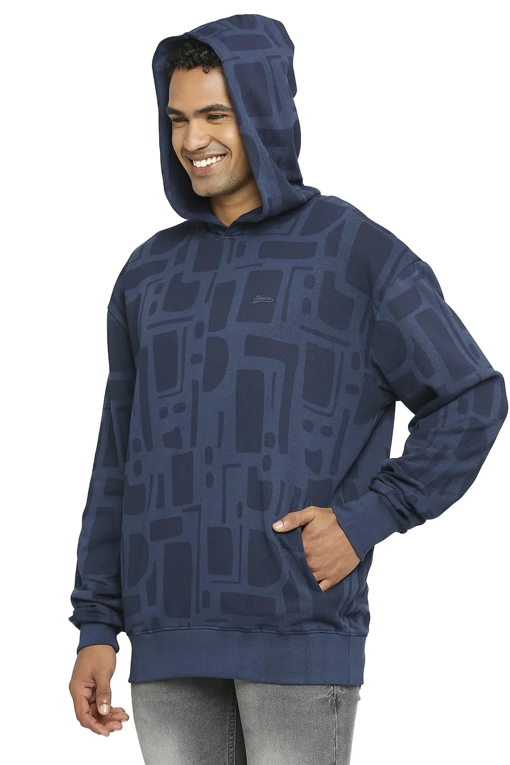 Comfort Fit Cotton Non Brushed Fleece Printed Hood Pullover Sweatshirt