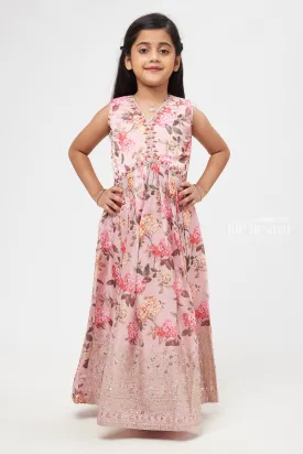 Delicate Blossom Diwali Gown with Shimmering Silver Detailing Anarkali for Girls