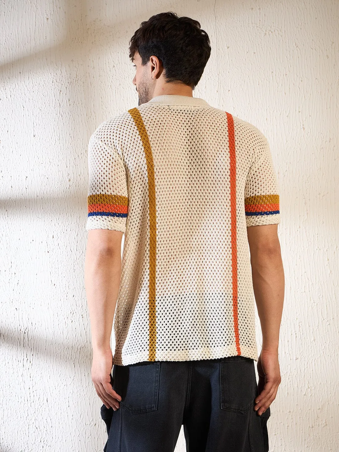 Ecru Crochet Striped Knitted Shirt