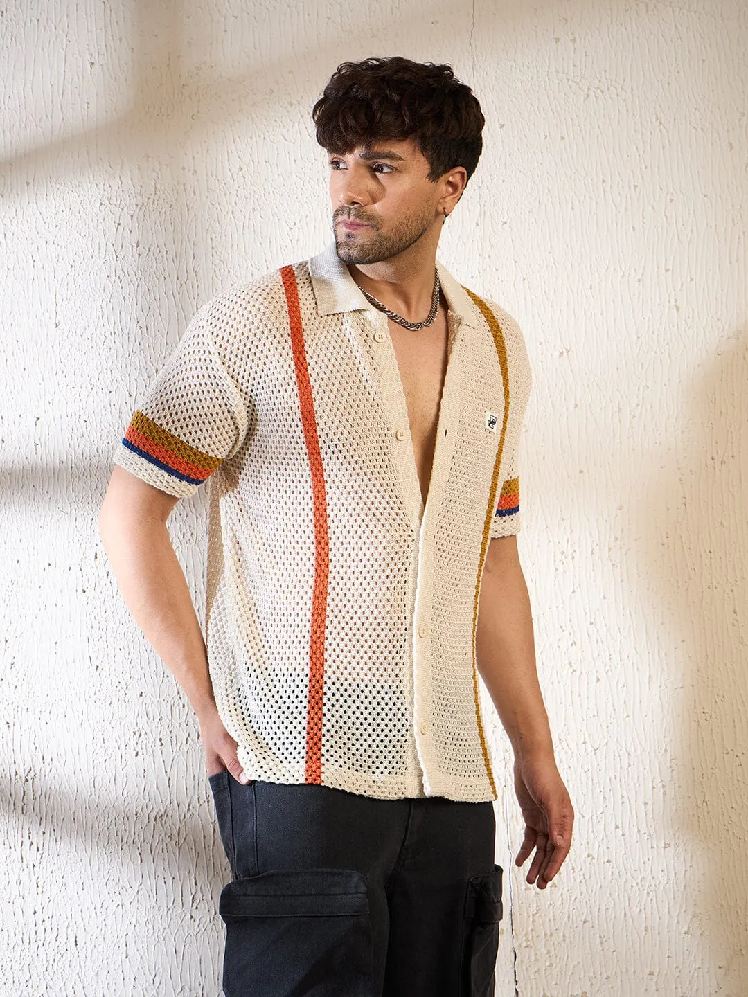 Ecru Crochet Striped Knitted Shirt