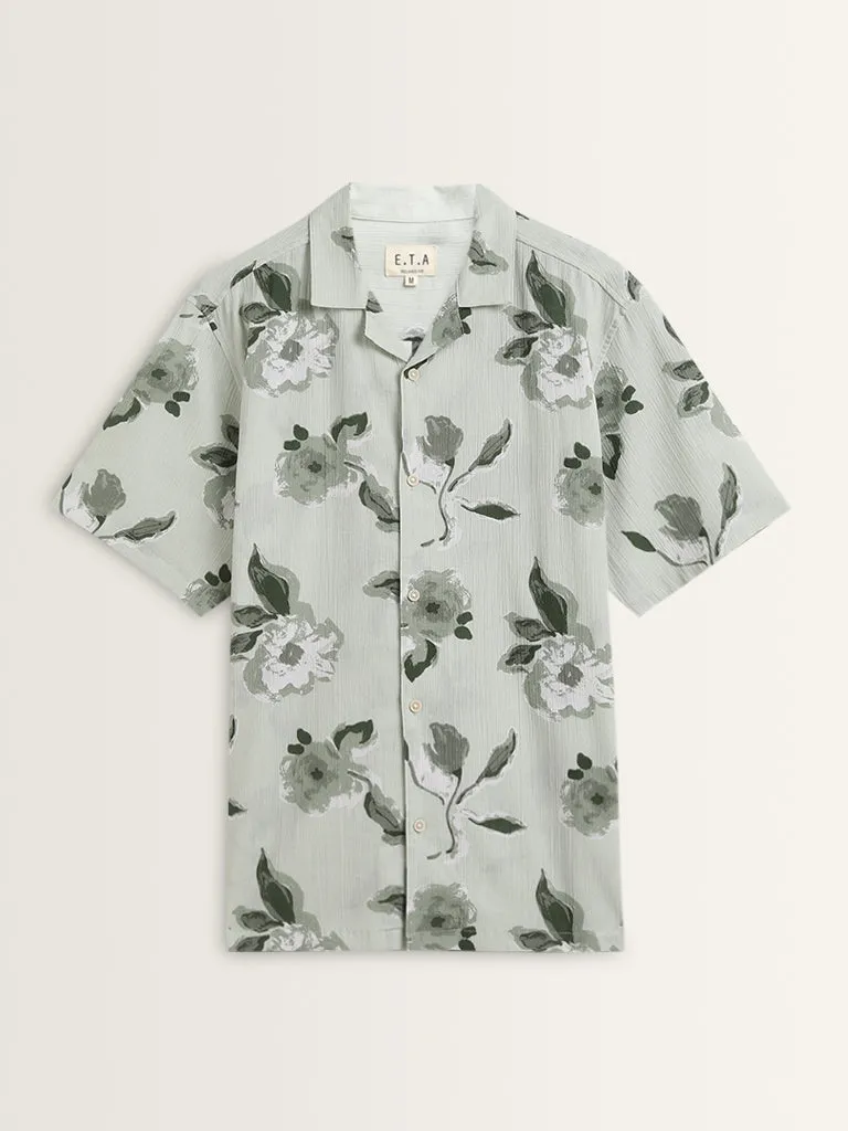 ETA Light Sage Floral Printed Relaxed-Fit Cotton Shirt