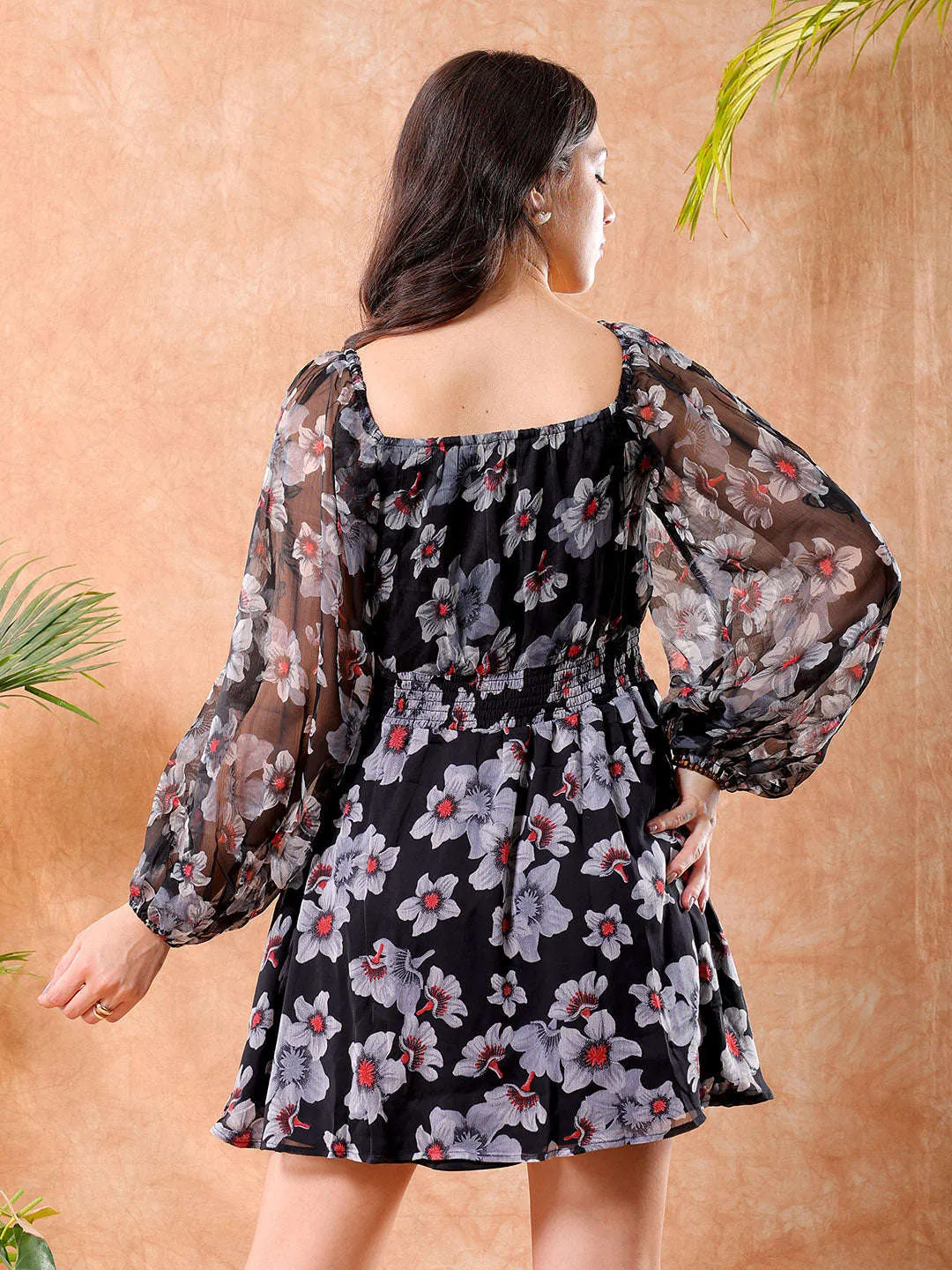 Freehand Women Black Fit and Flare Floral Scoop Neck Mini Dress