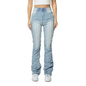 High Rise Punched Bootcut Denim Jeans - Sky Blue