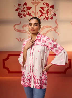 Masakali Ivory with Fuchsia Pink Embroidered Schiffli Shirt for Women