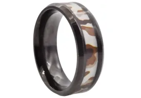 Mens Black Stainless Steel Brown Camo Band Ring