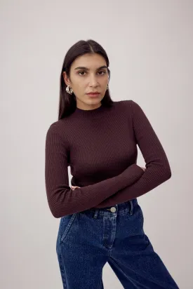 Mona Fine Knit Mock Neck Brown