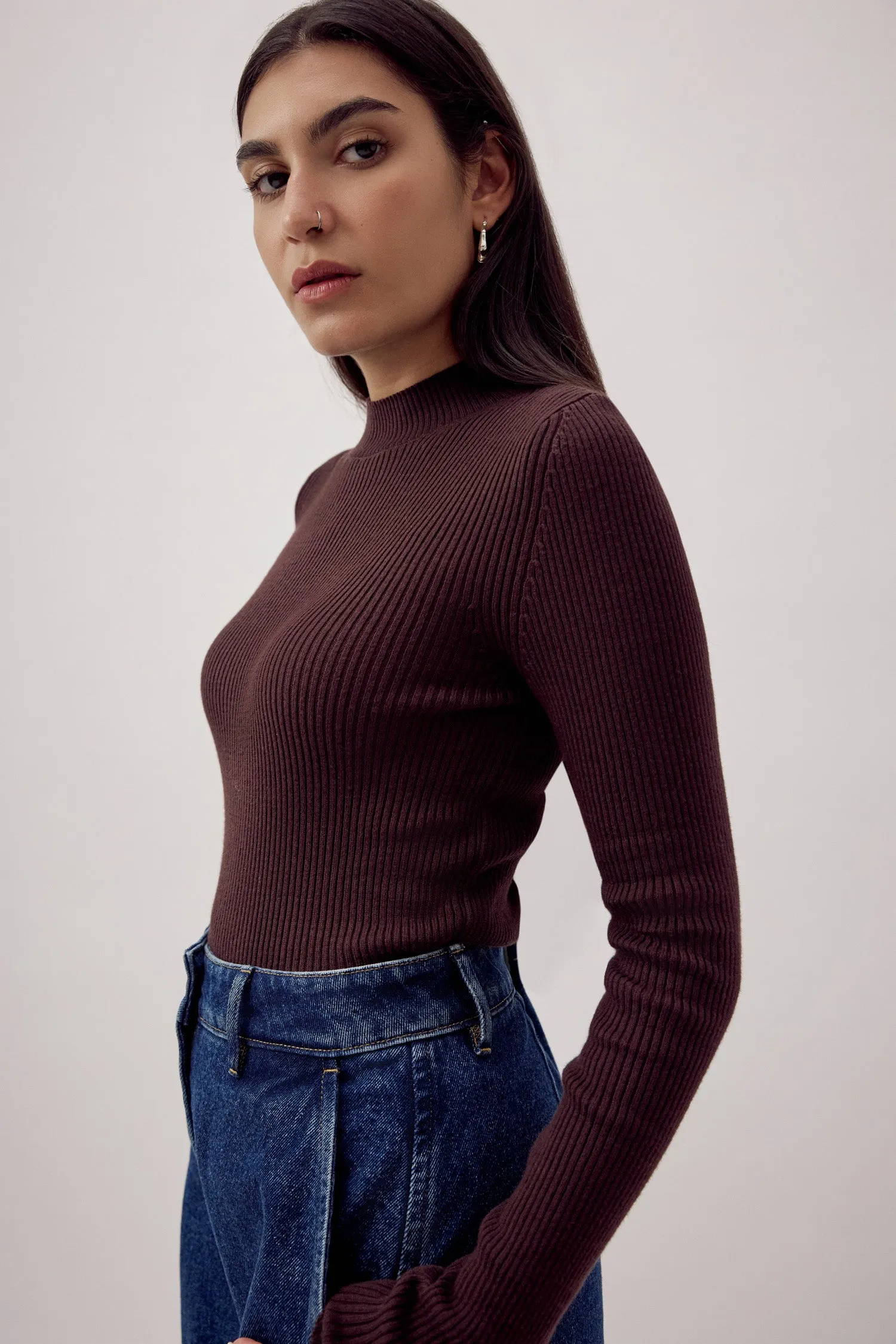 Mona Fine Knit Mock Neck Brown