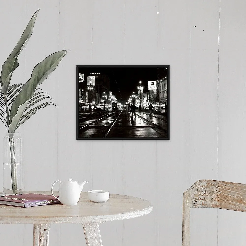 "1950's Night Scene Canal Street New Orleans Louisiana USA" Black Float Frame Canvas Art