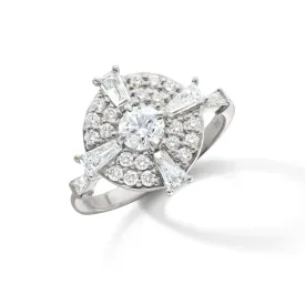 "Points North" Diamond 18K White Gold Ring with Round and Tapered Baguette Diamonds