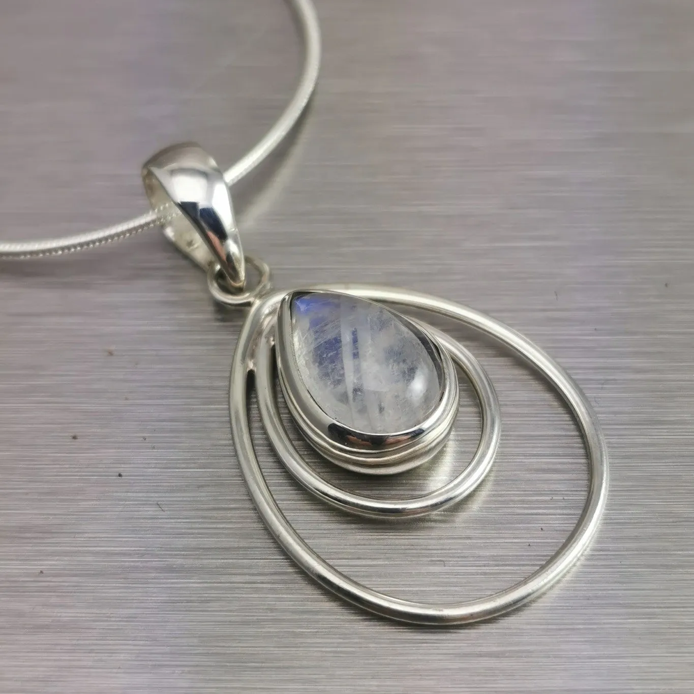 Rainbow Moonstone Teardrop Necklace. 92.5% Sterling Silver