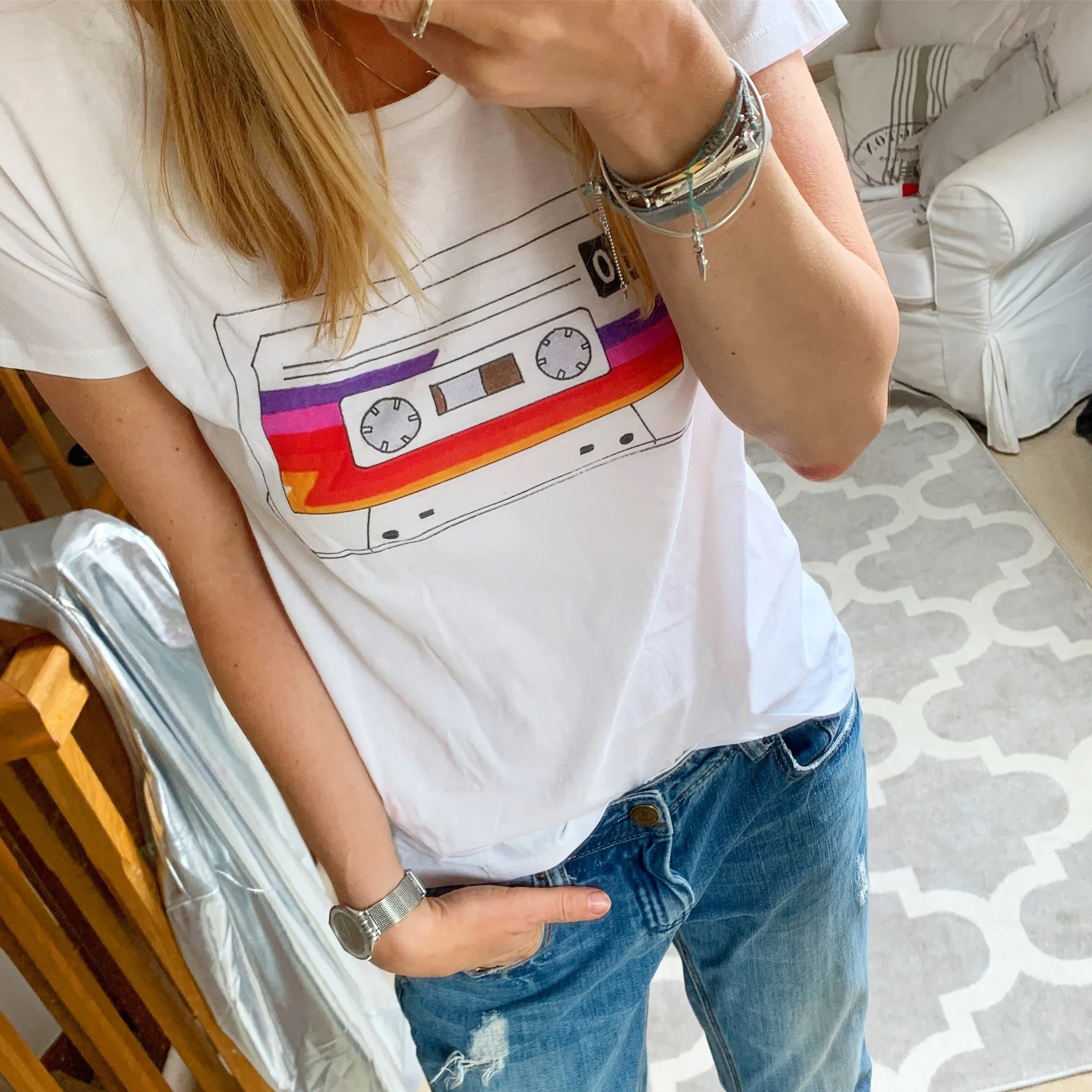 Retro rainbow camera on white tee