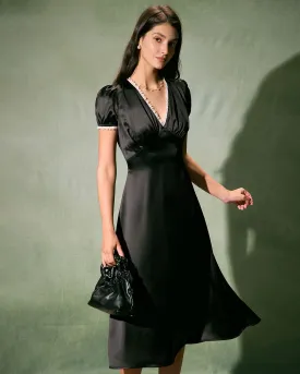 The Black V-Neck Lace Trim Satin Midi Dress