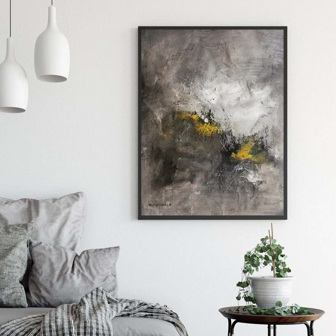 Vertical grey & yellow abstract wall art print