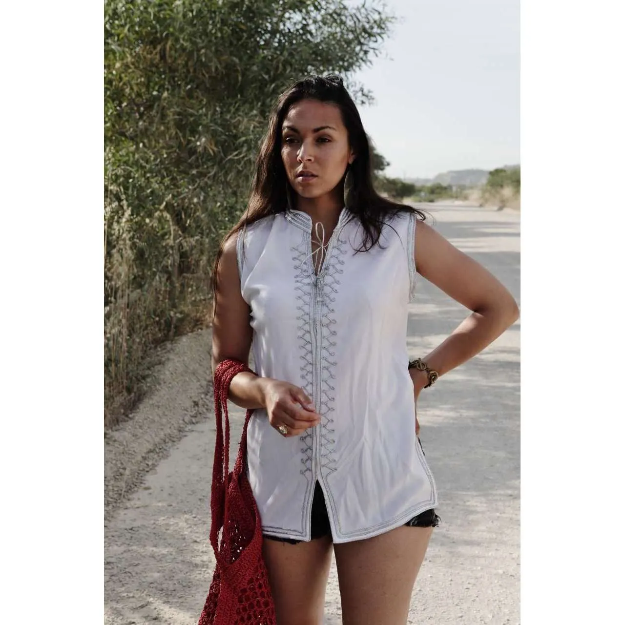 White & Silver Zigzag Embroidery Tunic Shirt-Moroccan Shirt