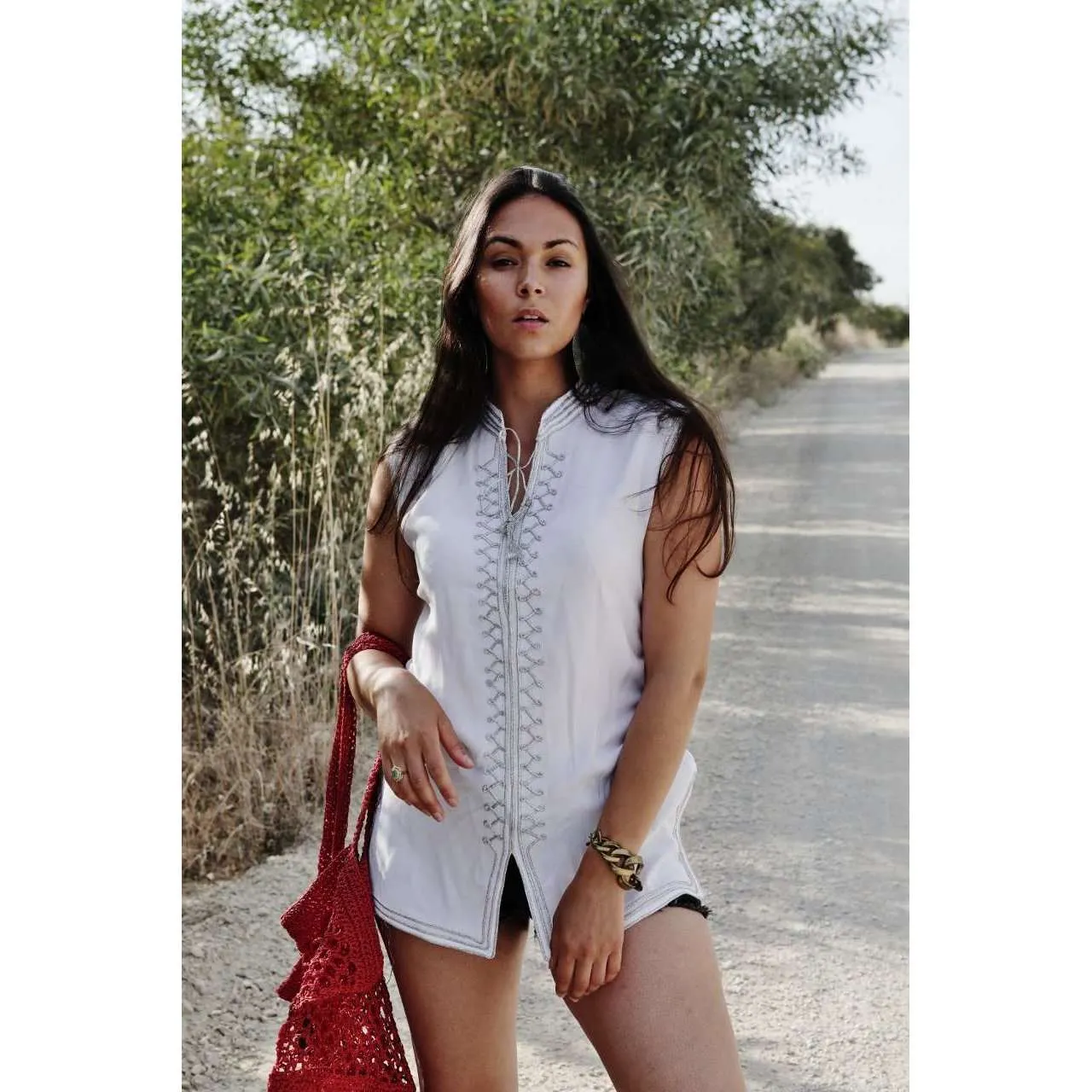 White & Silver Zigzag Embroidery Tunic Shirt-Moroccan Shirt